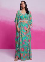 Georgette Turquoise Blue Party Wear Printed Readymade Indo Western